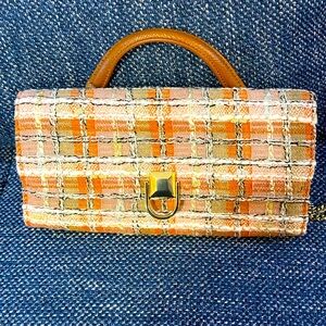 FURLA AUTHENTIC TWEED WARM MULTICOLORED WALLET ON CHAIN WITH TOP HANDLE BAG. EUC
